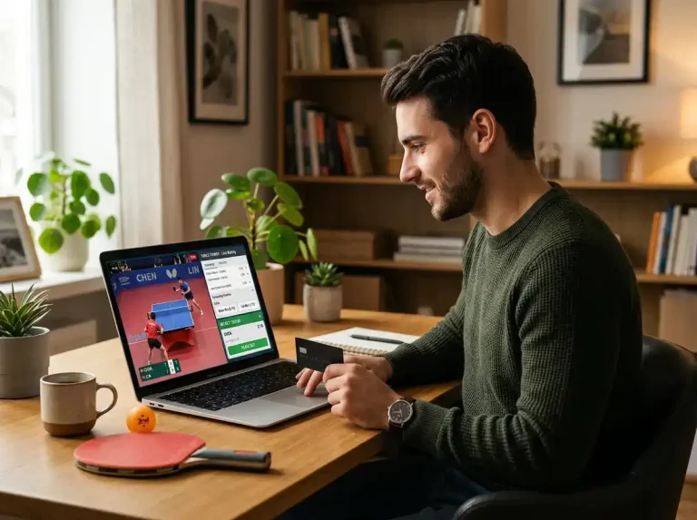 Person platziert online eine Tischtennis-Wette am Laptop mit Live-Spiel