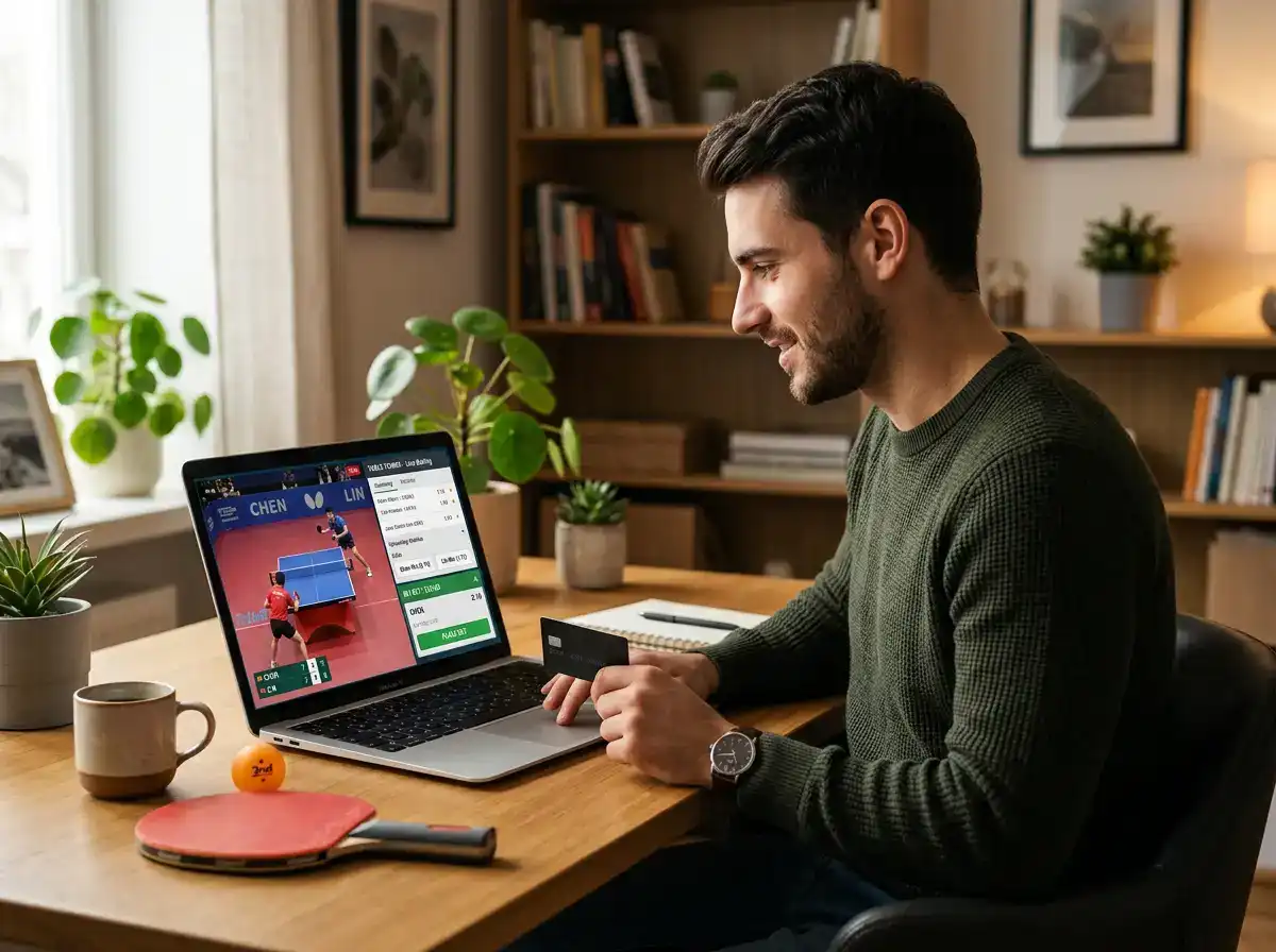 Person platziert online eine Tischtennis-Wette am Laptop mit Live-Spiel