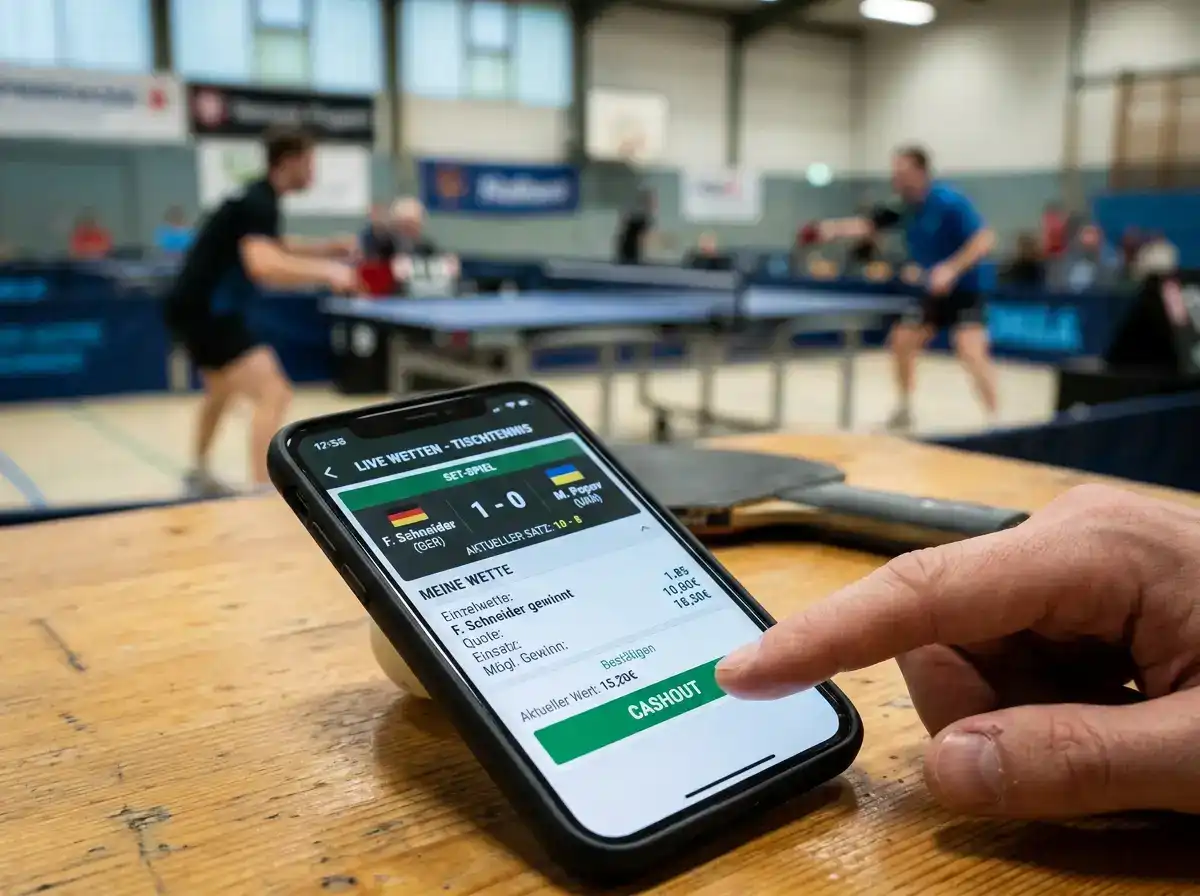 Cashout-Funktion einer Tischtennis-Live-Wette zur vorzeitigen Auszahlung des laufenden Einsatzes