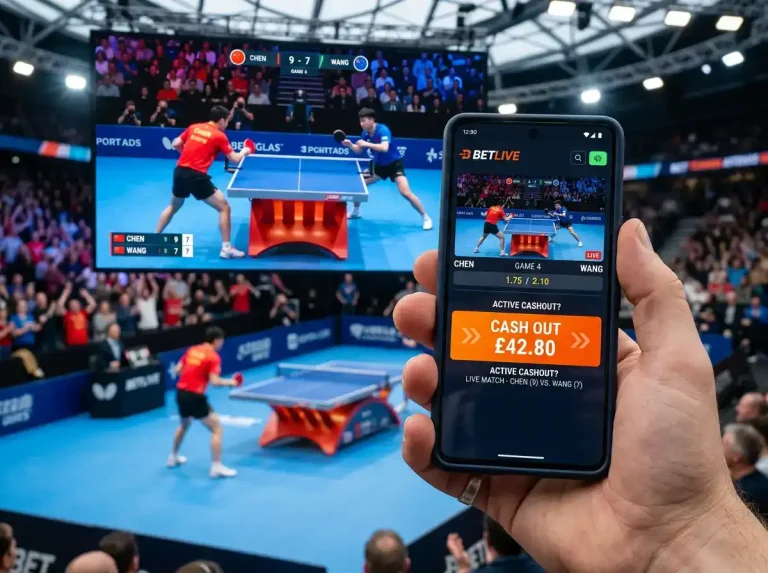 Smartphone zeigt die Cashout-Option während eines laufenden Tischtennis-Matches
