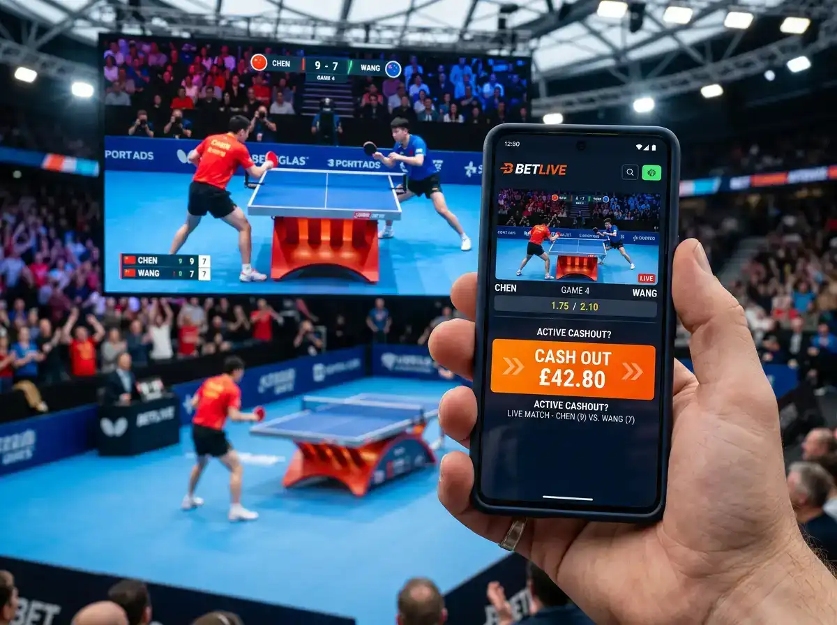 Smartphone zeigt die Cashout-Option während eines laufenden Tischtennis-Matches