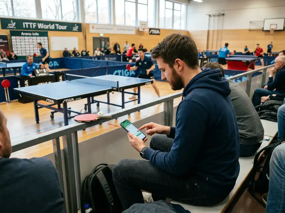Nutzer platziert unterwegs eine mobile Tischtennis-Wette