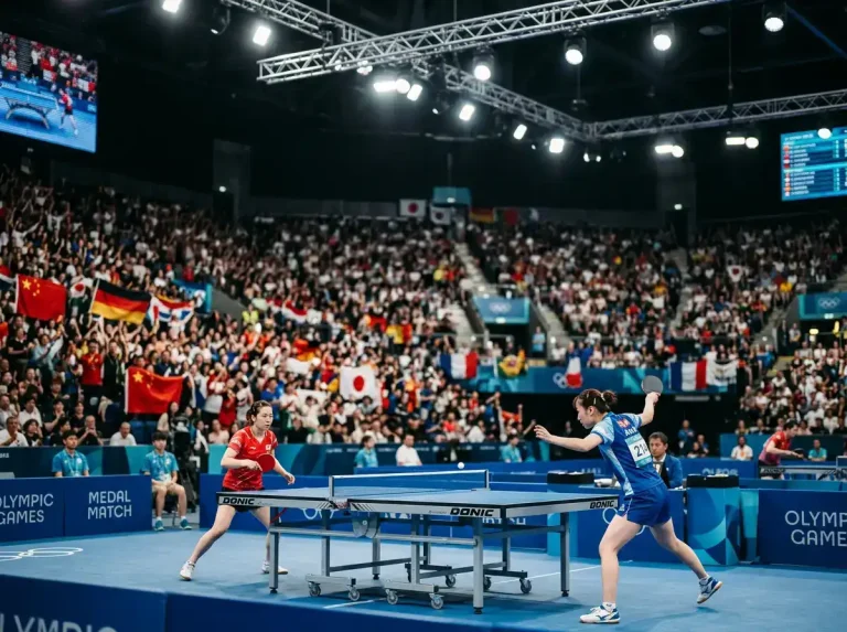 Olympische Tischtennis-Arena mit Medaillenmatch und gefüllten Rängen