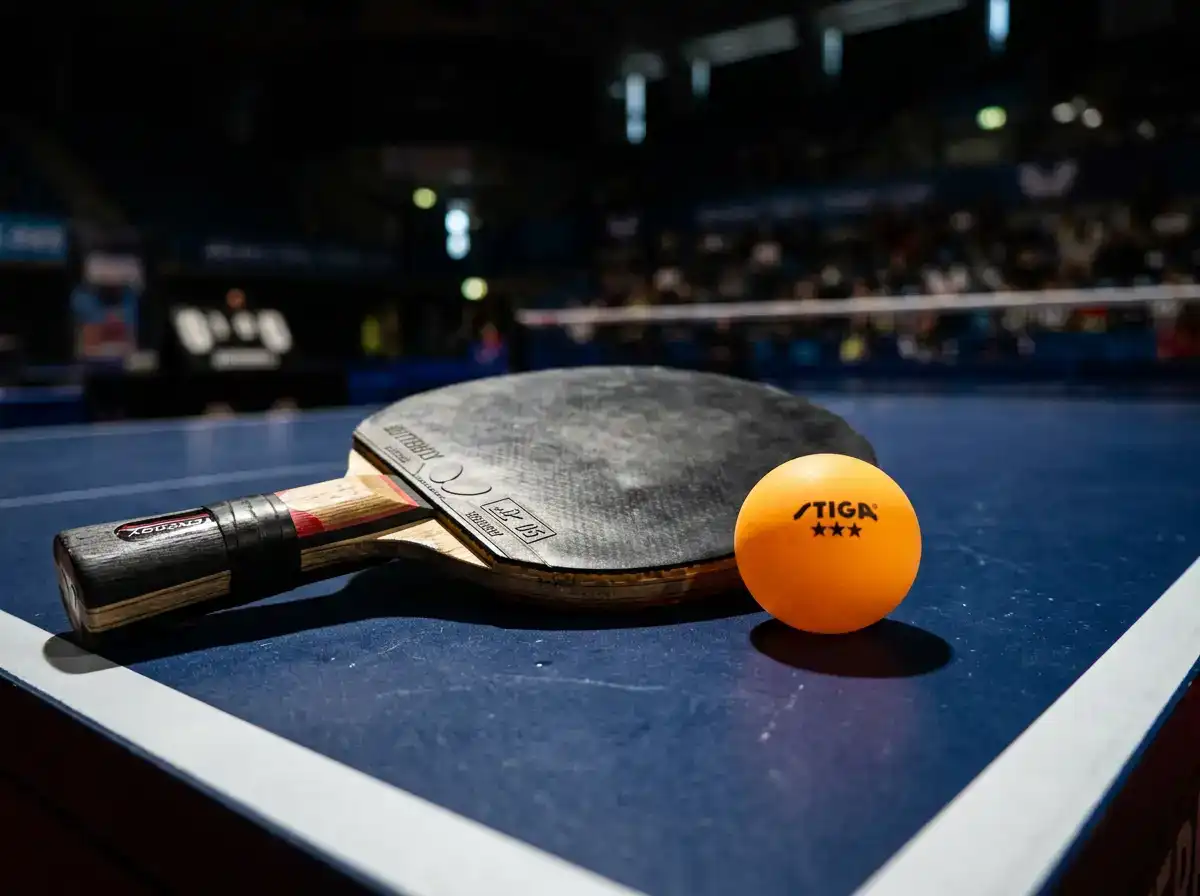 Tischtennisschläger und oranger Ball auf einer Wettkampfplatte unter Hallenlicht