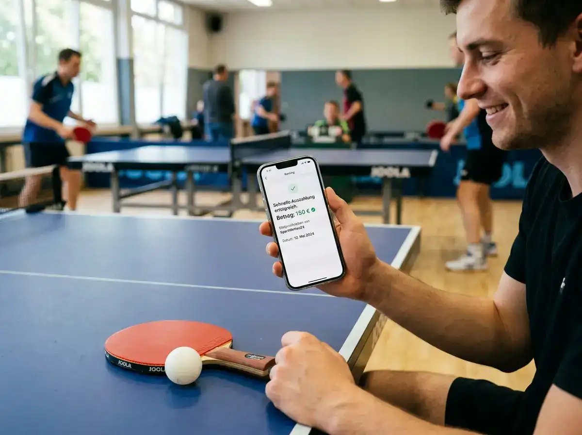 Smartphone zeigt eine schnelle Auszahlung nach einer gewonnenen Tischtennis-Wette