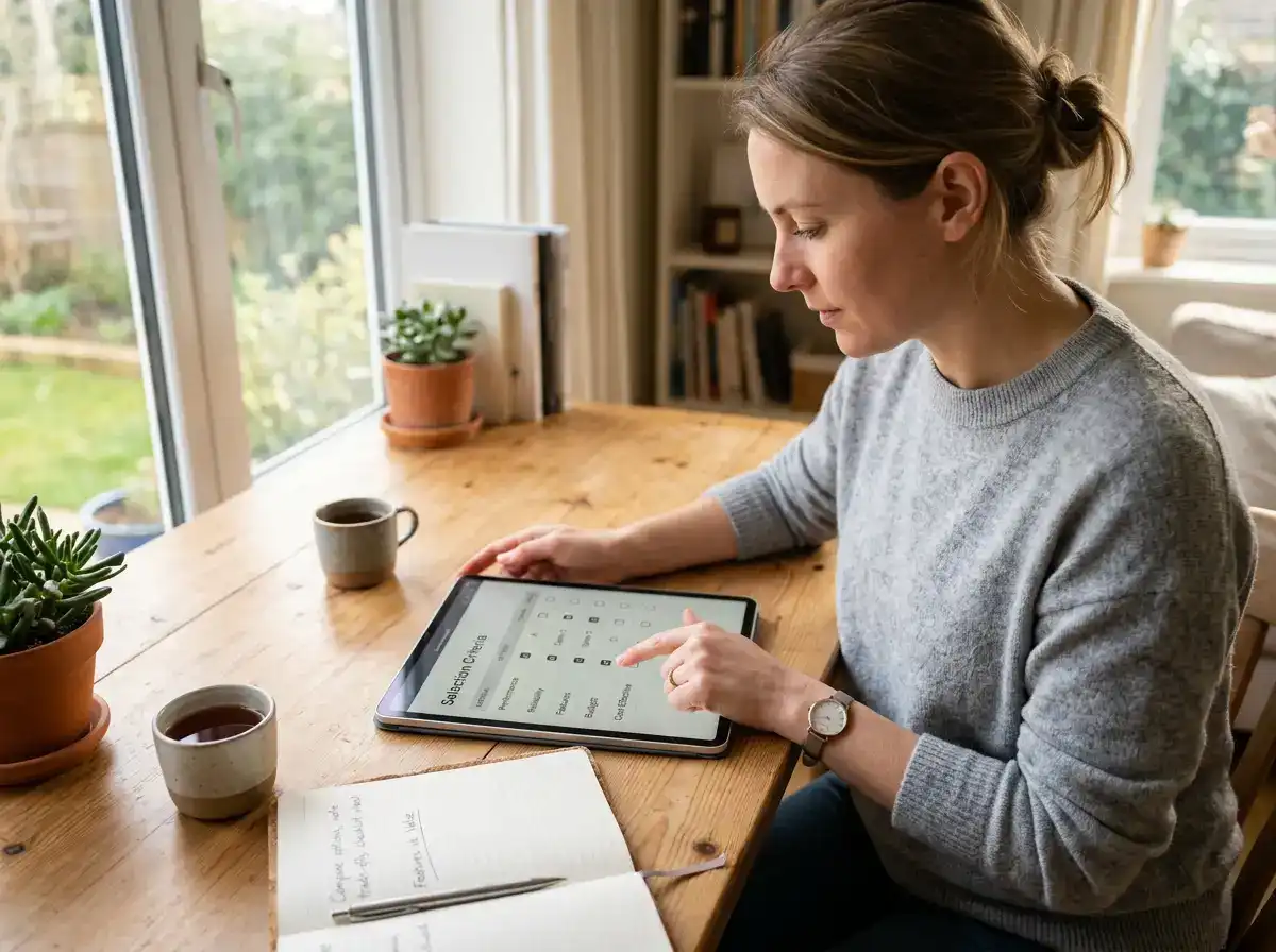 Person vergleicht auf einem Tablet mehrere Kriterien zur Auswahl eines Wettanbieters