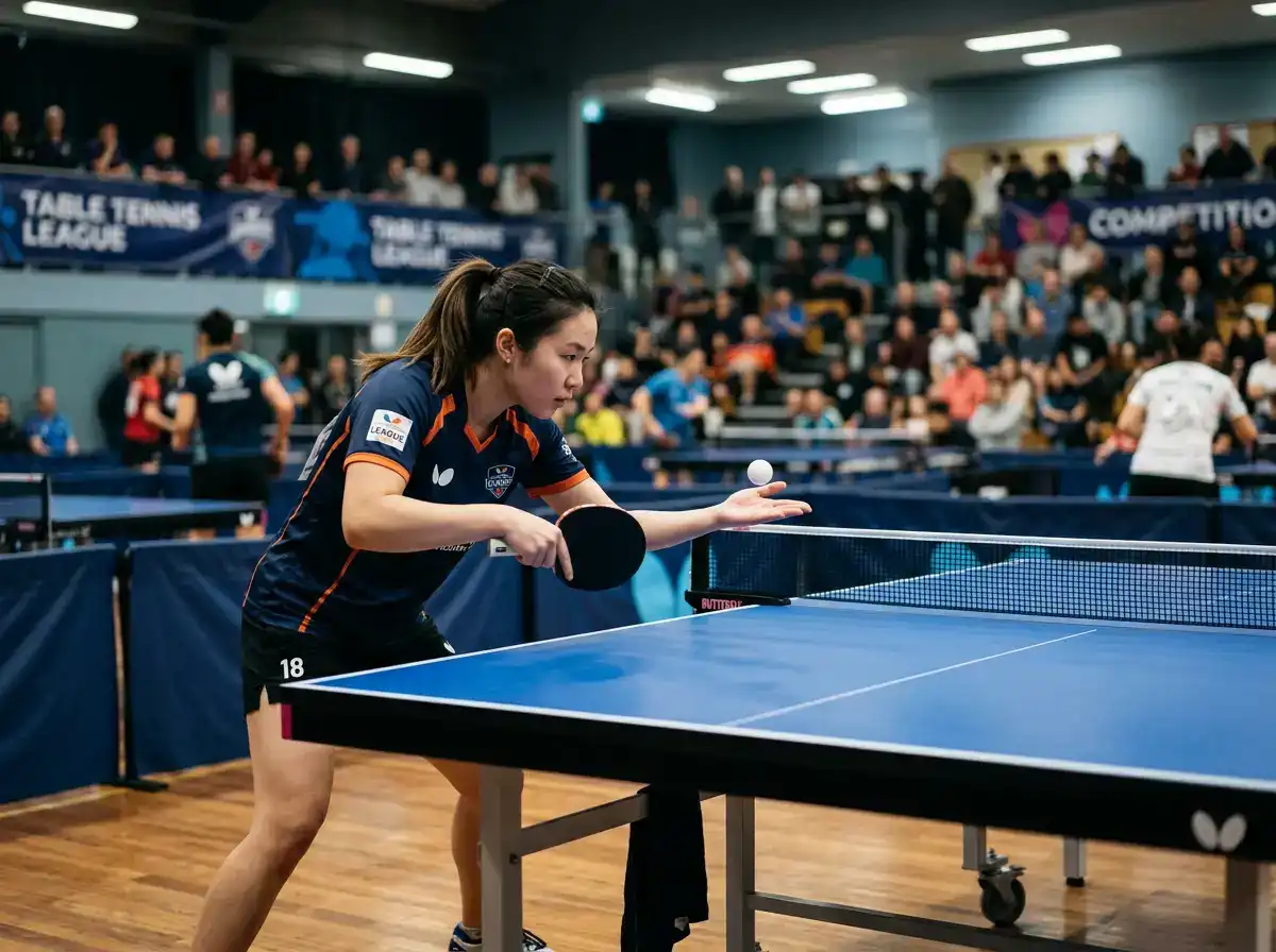 Tischtennisspieler in Vereinstrikot beim Aufschlag an der Platte während eines Ligaspiels