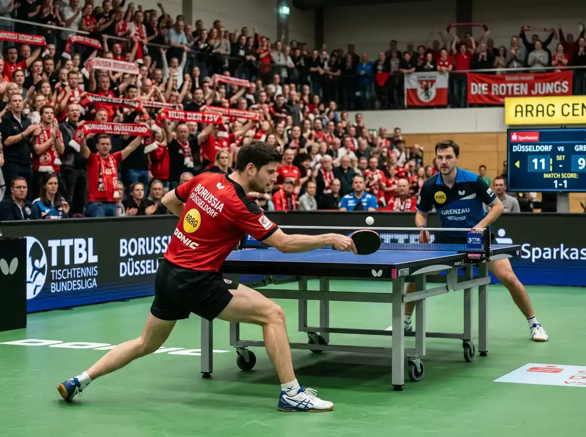 Tischtennis-Bundesliga-Spiel in einer deutschen Halle mit Heimpublikum