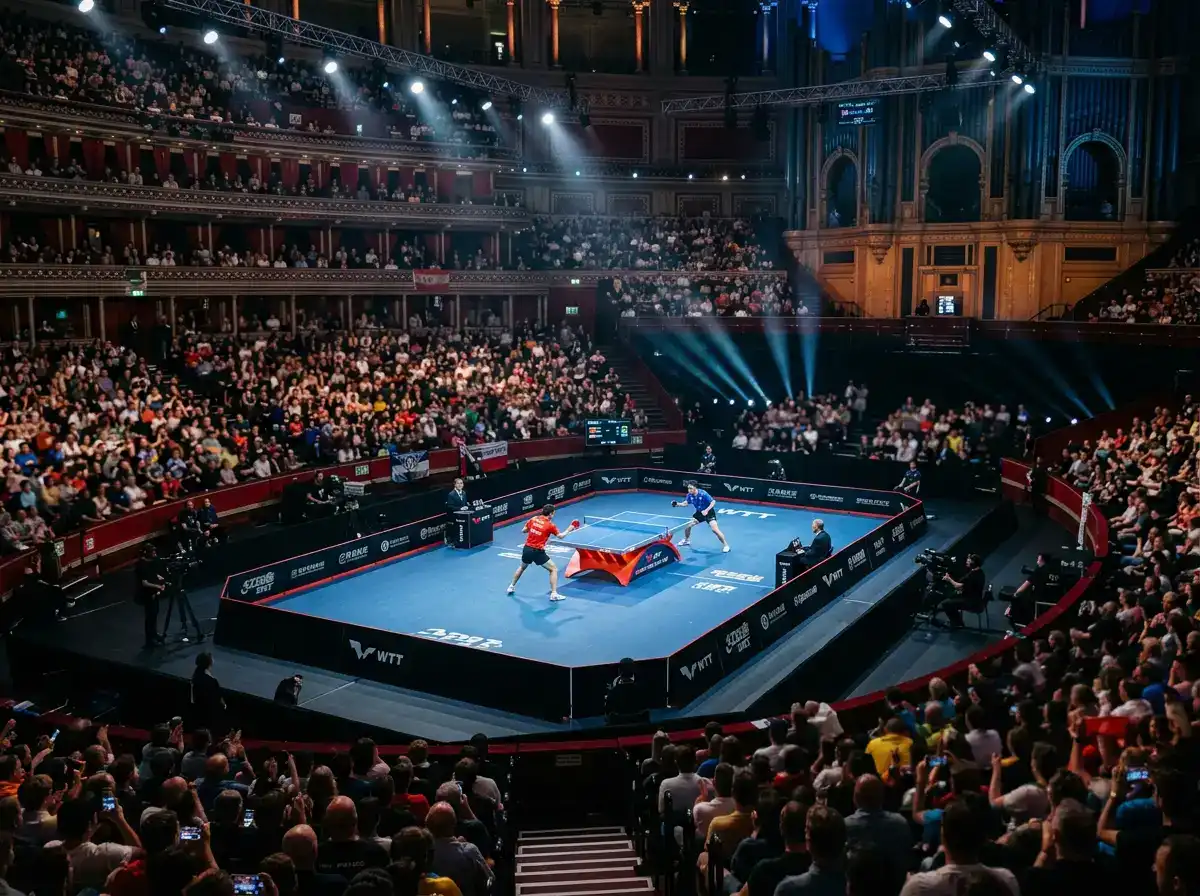 Große WTT-Grand-Smash-Arena mit Zuschauern und einem Tischtennistisch im Mittelpunkt