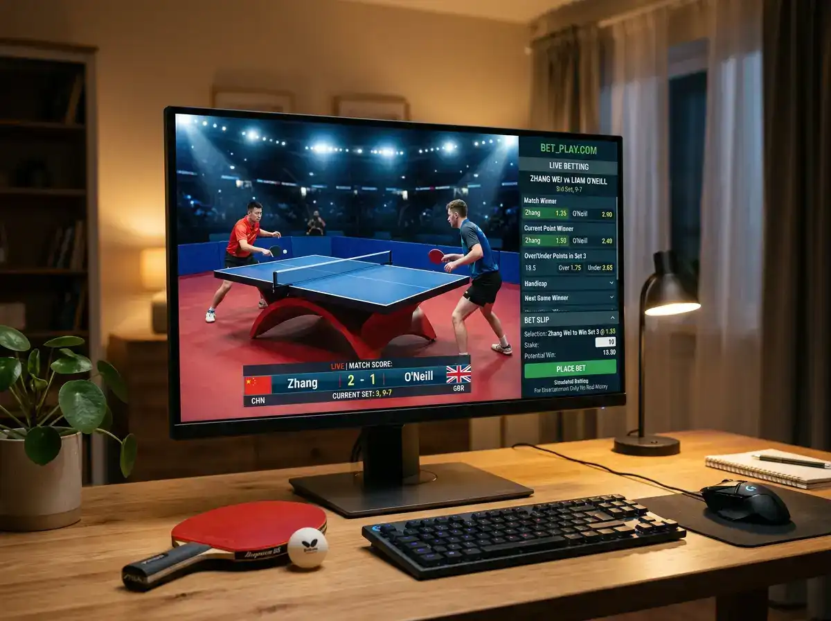Bildschirm mit Tischtennis-Live-Stream und paralleler Wettübersicht