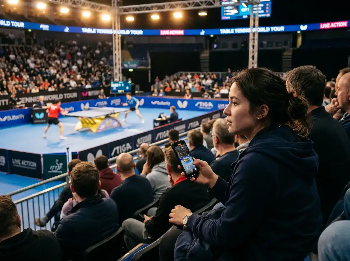 Zuschauer verfolgt ein Tischtennismatch live und hält dabei ein Smartphone in der Hand