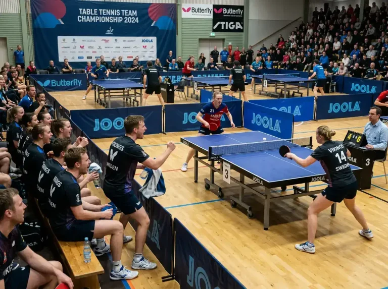 Tischtennis-Mannschaft beim Teamwettbewerb mit Spielern an mehreren Tischen