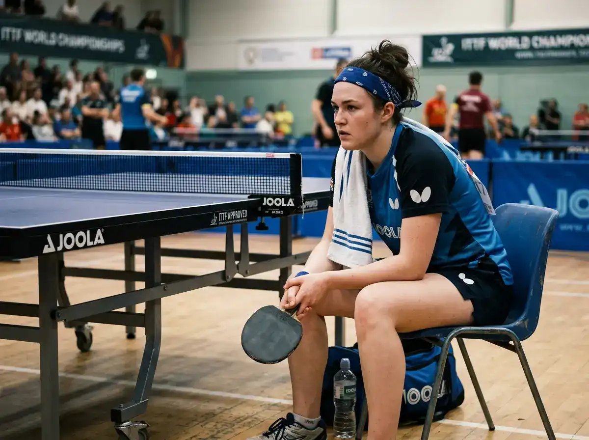 Tischtennis-Spieler in der Satzpause, dessen Körpersprache das Momentum des Matches verrät