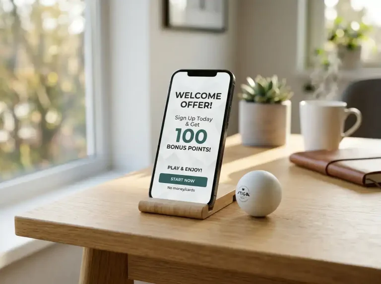 Willkommensbonus-Banner neben einem Smartphone und einem Tischtennisball
