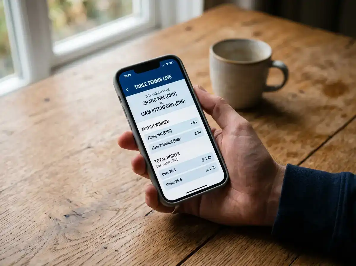 Hand hält ein Smartphone mit einer übersichtlichen Quotenliste zu einem Tischtennisspiel