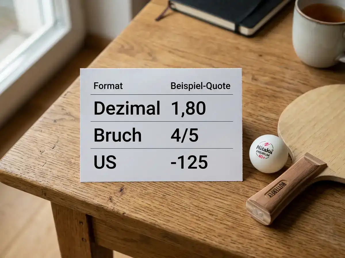 Tischtennis-Quoten in Dezimal-, Bruch- und amerikanischem Format nebeneinander erklärt