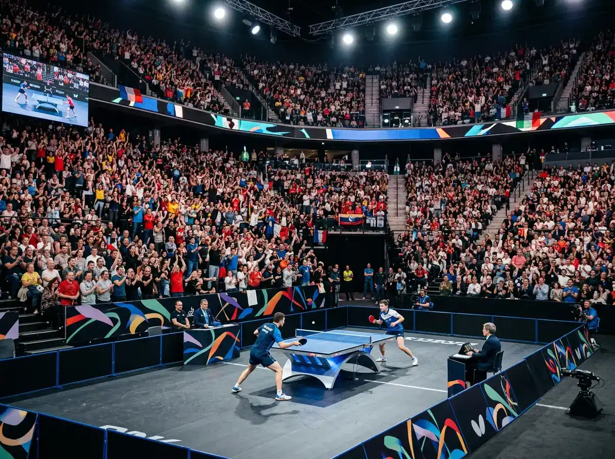 Volle Zuschauerränge bei einem internationalen Tischtennisturnier in einer großen Halle