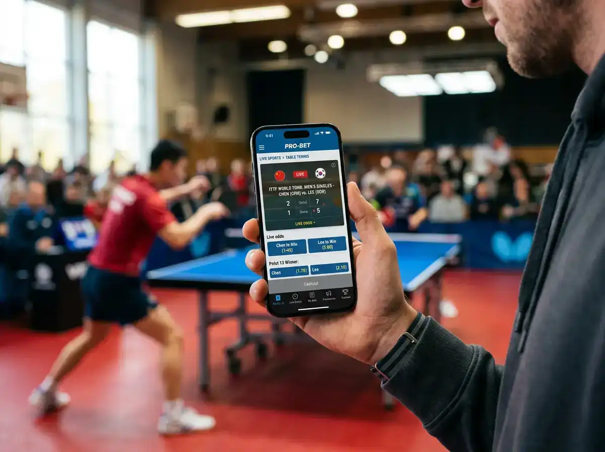 Smartphone mit geöffneter Wett-App und laufendem Tischtennis-Live-Spiel