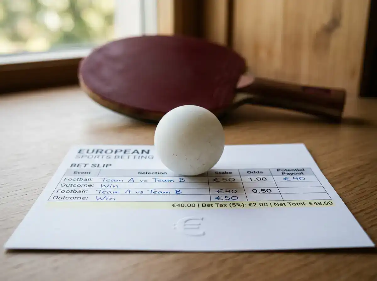 Tischtennisball auf einem Wettschein mit hervorgehobenem Steuerhinweis