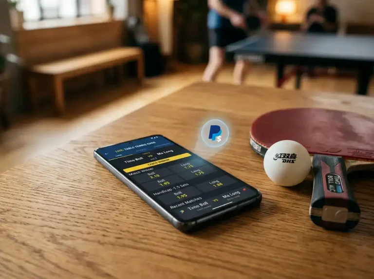 PayPal-Symbol neben einem Tischtennisschläger und einem Smartphone mit Wettquoten
