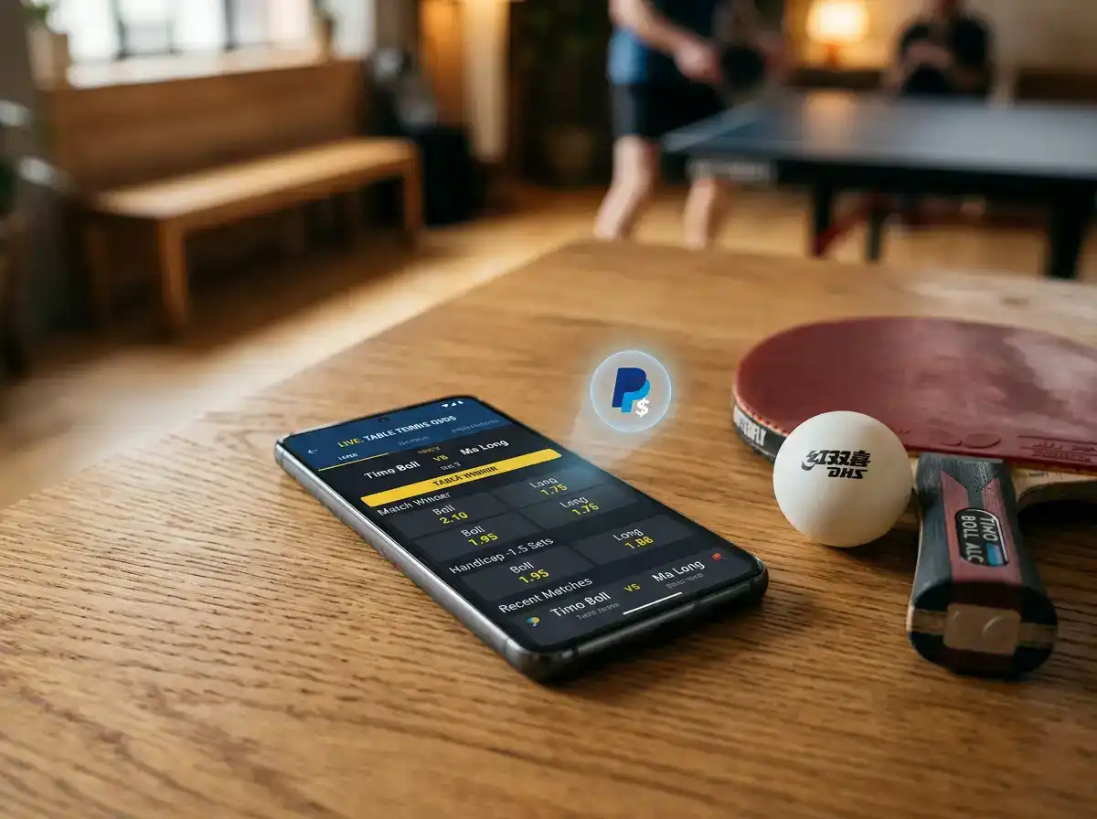 PayPal-Symbol neben einem Tischtennisschläger und einem Smartphone mit Wettquoten