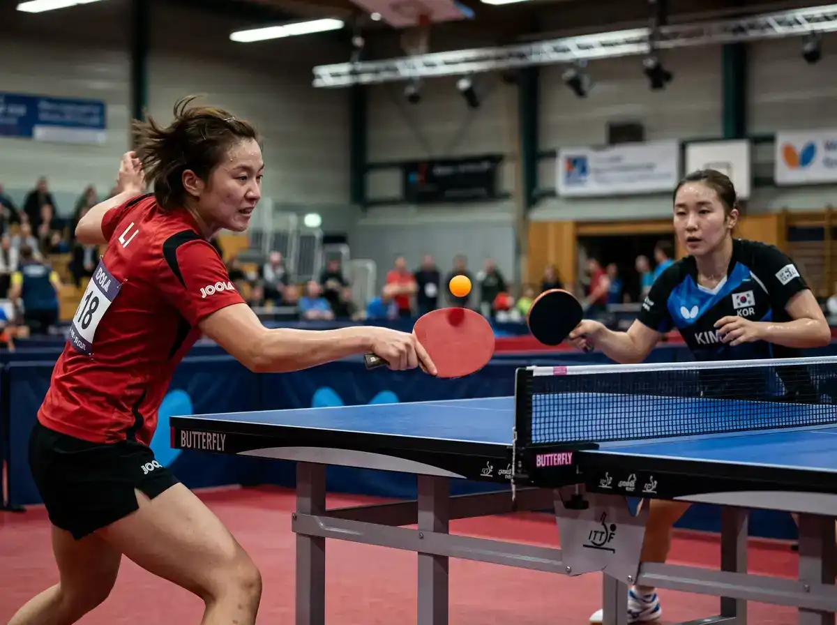 Nahaufnahme zweier Tischtennisspieler im Ballwechsel an der Platte während eines Matches