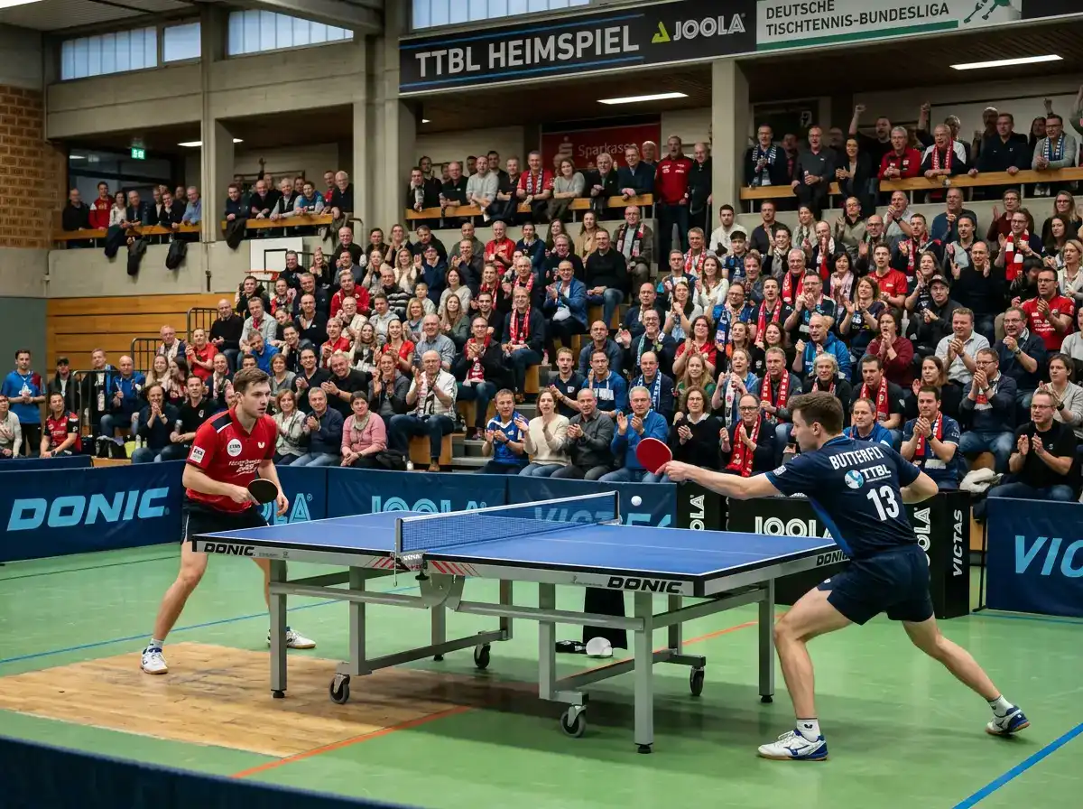 TTBL-Heimspiel in einer gut gefüllten deutschen Tischtennishalle