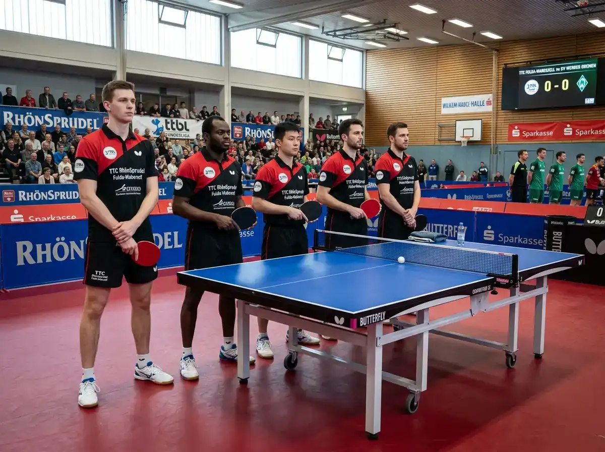 Mannschaftsaufstellung eines TTBL-Vereins vor dem Spiel