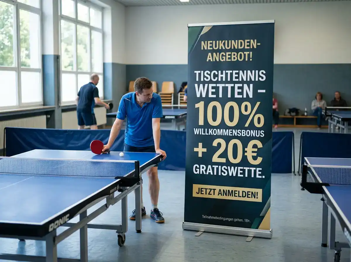 Willkommensangebot-Banner für Neukunden eines Tischtennis-Wettanbieters