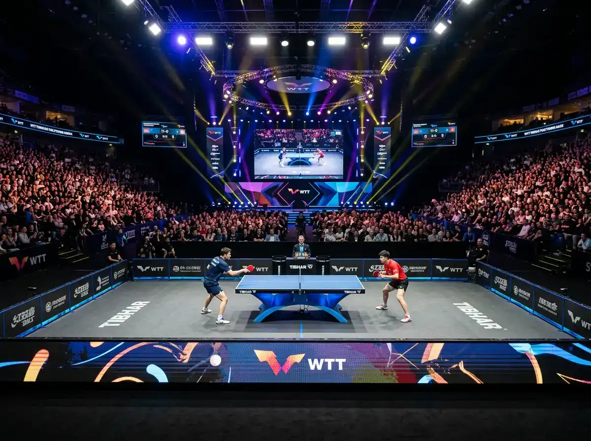 Beleuchtete Tischtennisarena mit Werbebanden und Publikum bei einem großen WTT-Event