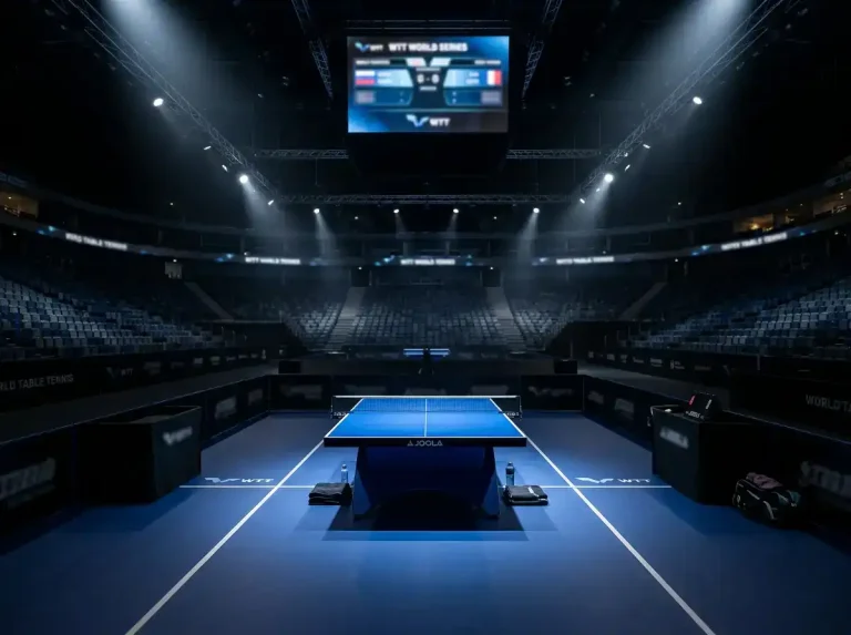 Moderne WTT-Turnierarena mit Tischtennistisch und großer Anzeigetafel